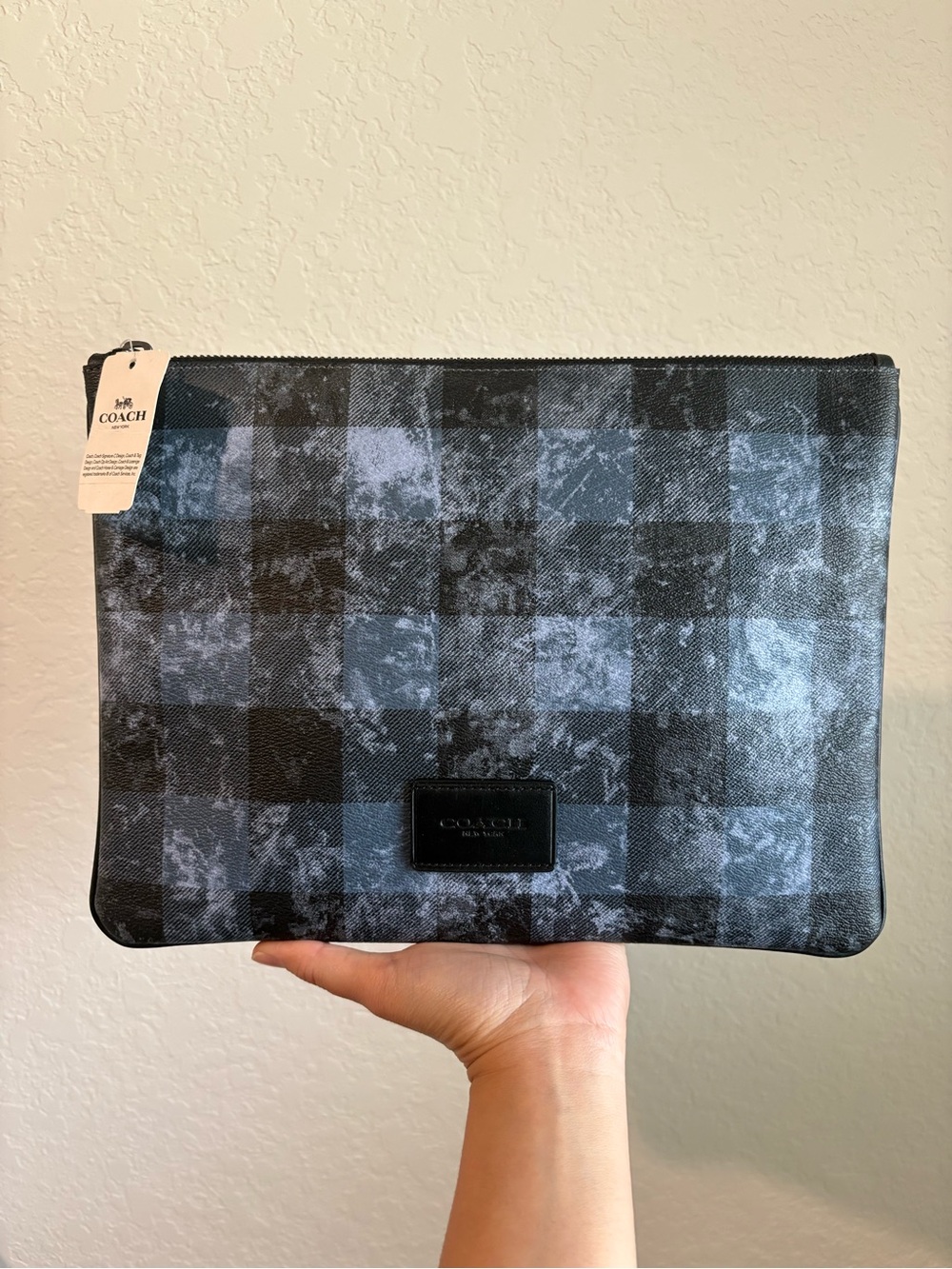 COACH Black and Gray Check Tablet Travel Pouch
